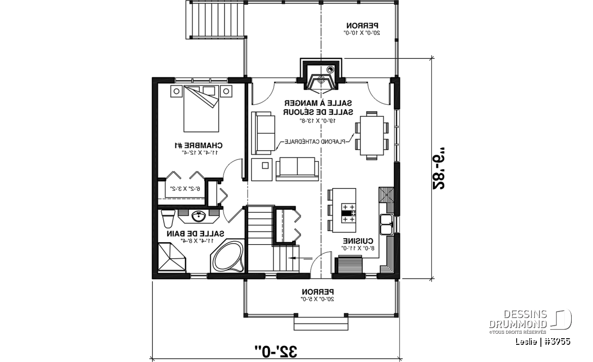 Rez-de-chaussée - Plan style chalet au bord de l'eau, 1 à 3+ chambres, foyer(s), 2 salles de séjour, balcon couvert - Leslie