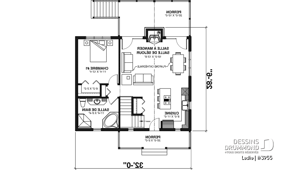 Rez-de-chaussée - Plan style chalet au bord de l'eau, 1 à 3+ chambres, foyer(s), 2 salles de séjour, balcon couvert - Leslie