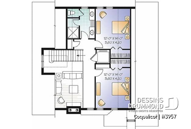 Étage - Plan de maison genre chalet avec ascenseur, vue panoramique, garage double, 3 à 4 chambres, bureau - Coquelicot