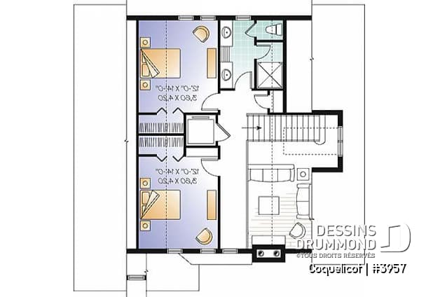Étage - Plan de maison genre chalet avec ascenseur, vue panoramique, garage double, 3 à 4 chambres, bureau - Coquelicot