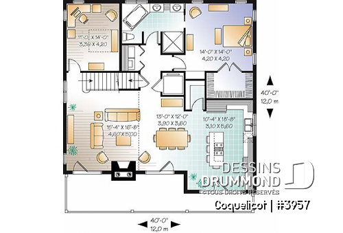 Rez-de-chaussée - Plan de maison genre chalet avec ascenseur, vue panoramique, garage double, 3 à 4 chambres, bureau - Coquelicot