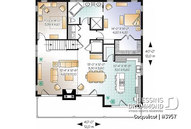 Rez-de-chaussée - Plan de maison genre chalet avec ascenseur, vue panoramique, garage double, 3 à 4 chambres, bureau - Coquelicot