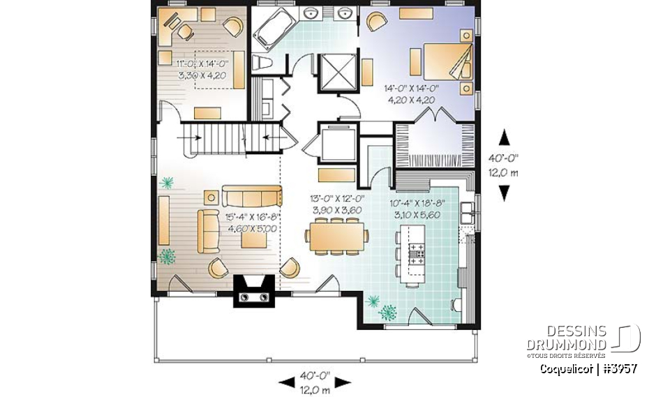 Rez-de-chaussée - Modèle de maison avec ascenseur et fondation en rez-de-jardin, vue panoramique, garage double, 3 à 4 chambres - Coquelicot