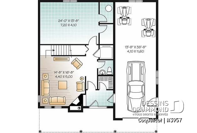 Sous-sol - Plan de maison genre chalet avec ascenseur, vue panoramique, garage double, 3 à 4 chambres, bureau - Coquelicot
