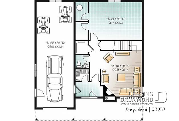 Sous-sol - Plan de maison genre chalet avec ascenseur, vue panoramique, garage double, 3 à 4 chambres, bureau - Coquelicot