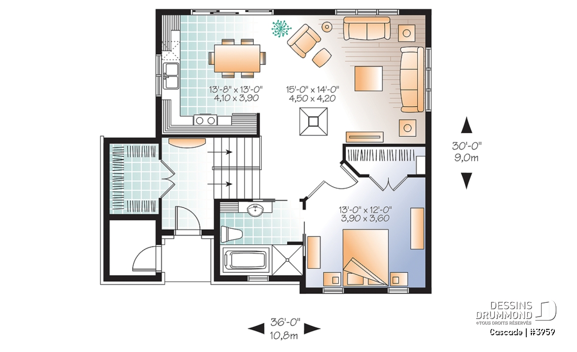 Rez-de-chaussée - Plan de maison genre chalet de ski, 1 à 4 chambres, rangement, 2 salles familiales, foyer, abordable - Cascade