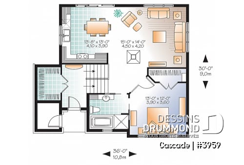Rez-de-chaussée - Plan de maison genre chalet de ski, 1 à 4 chambres, rangement, 2 salles familiales, foyer, abordable - Cascade