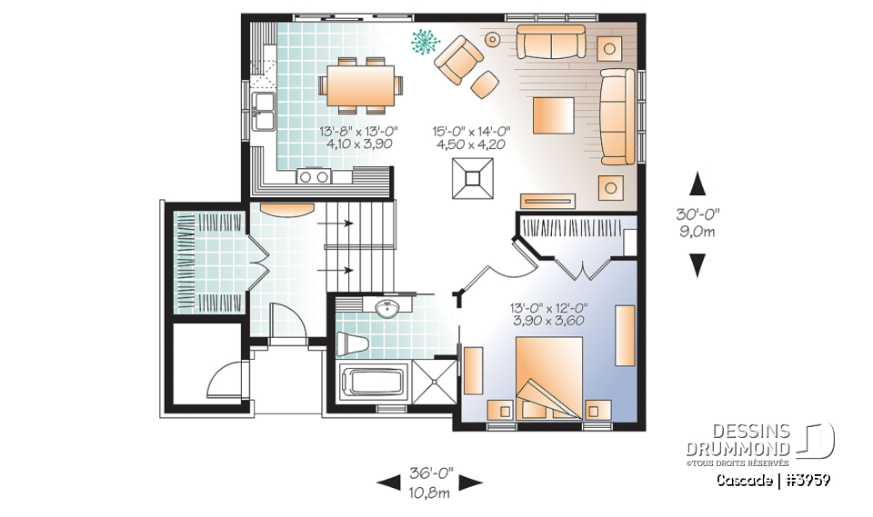 Rez-de-chaussée - Plan de maison genre chalet de ski, 1 à 4 chambres, rangement, 2 salles familiales, foyer, abordable - Cascade