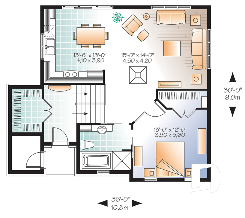 Rez-de-chaussée - Plan de maison genre chalet de ski, 1 à 4 chambres, rangement, 2 salles familiales, foyer, abordable - Cascade
