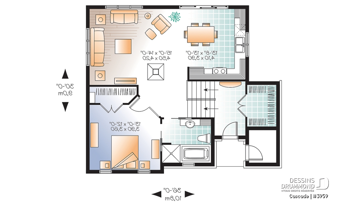 Rez-de-chaussée - Plan de maison genre chalet de ski, 1 à 4 chambres, rangement, 2 salles familiales, foyer, abordable - Cascade
