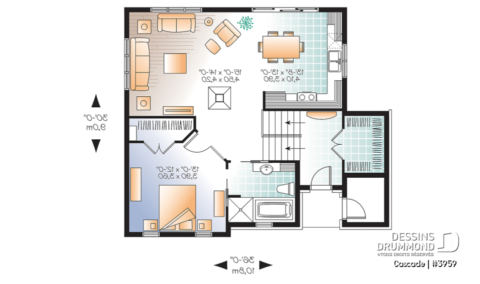 Rez-de-chaussée - Plan de maison genre chalet de ski, 1 à 4 chambres, rangement, 2 salles familiales, foyer, abordable - Cascade