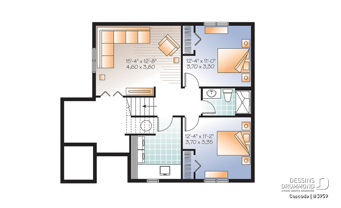 Sous-sol - Plan de maison genre chalet de ski, 1 à 4 chambres, rangement, 2 salles familiales, foyer, abordable - Cascade