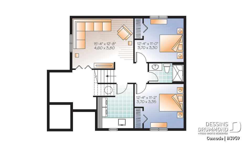 Sous-sol - Plan de maison genre chalet de ski, 1 à 4 chambres, rangement, 2 salles familiales, foyer, abordable - Cascade
