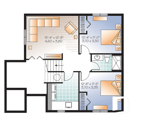 Sous-sol - Plan de maison genre chalet de ski, 1 à 4 chambres, rangement, 2 salles familiales, foyer, abordable - Cascade