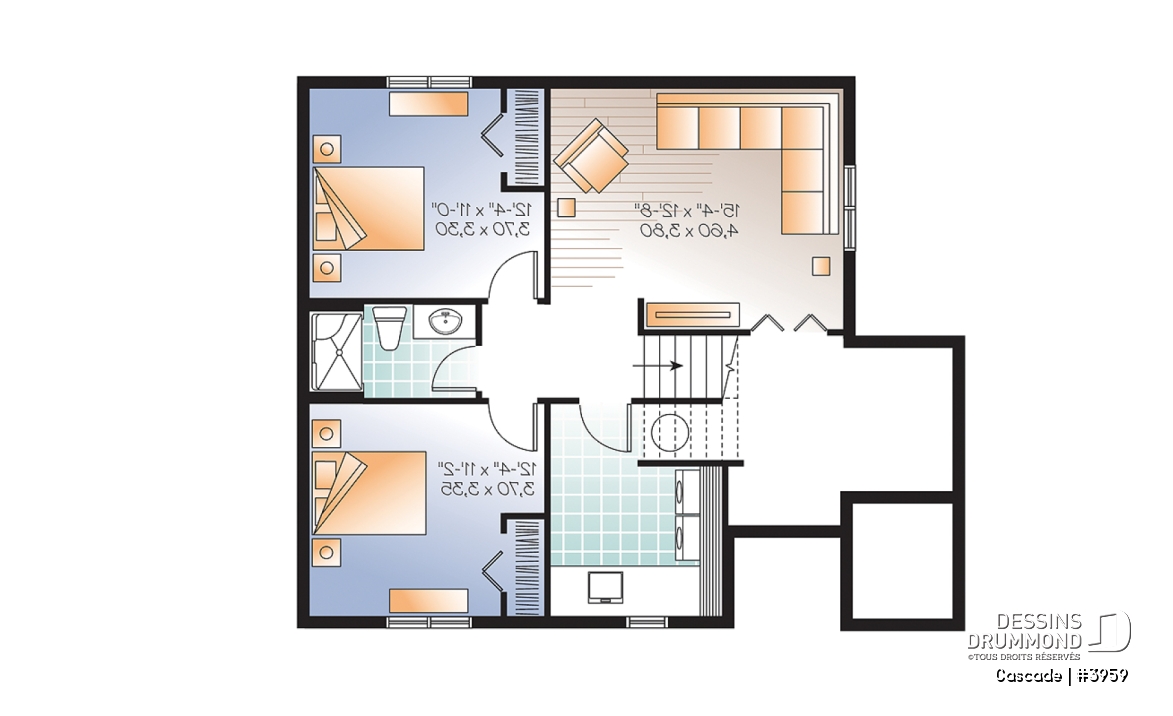 Sous-sol - Plan de maison genre chalet de ski, 1 à 4 chambres, rangement, 2 salles familiales, foyer, abordable - Cascade