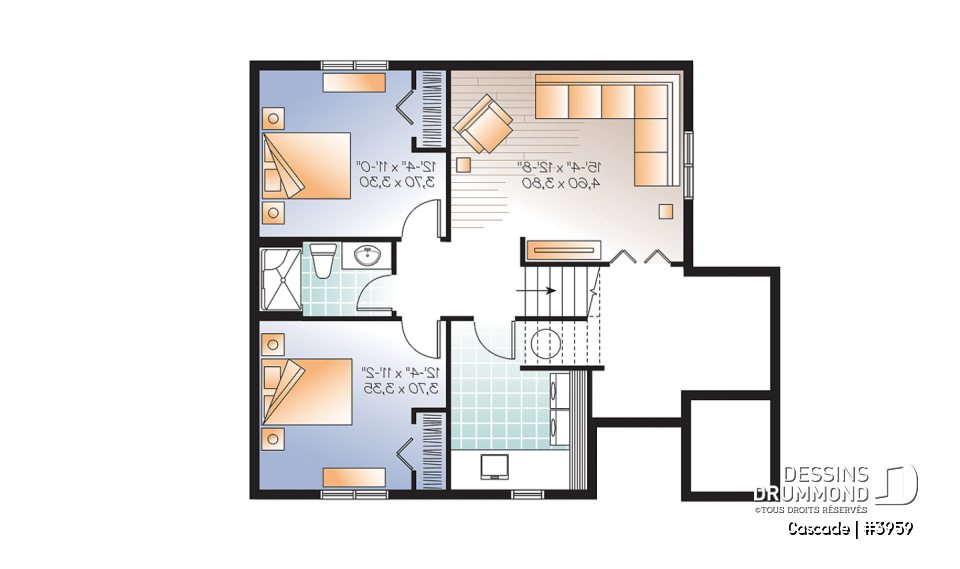 Sous-sol - Plan de maison genre chalet de ski, 1 à 4 chambres, rangement, 2 salles familiales, foyer, abordable - Cascade