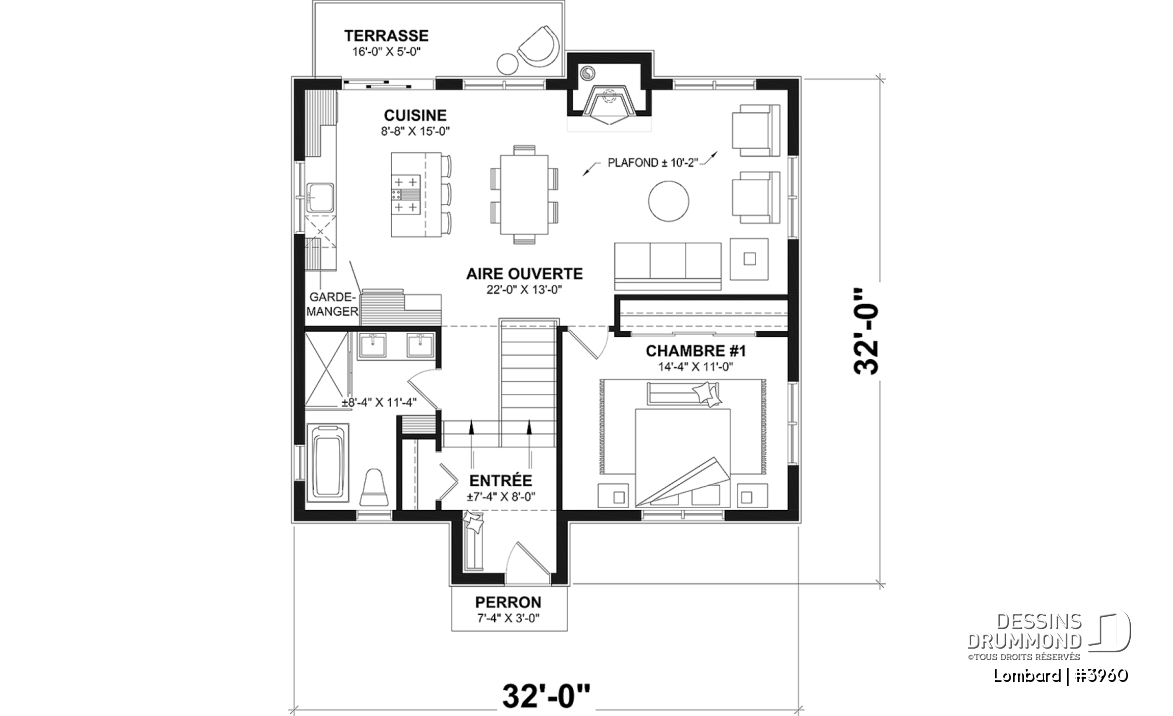 Rez-de-chaussée - Plan de chalet moderne rustique – plan lumineux avec foyer central, 3 chambres et sous-sol modulable - Lombard