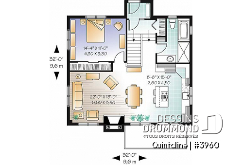 Rez-de-chaussée - Plan de chalet moderne, 3 à 4 chambres, 2 salons, 2 foyers, à aire ouverte, grande buanderie et rangement - Quintaline