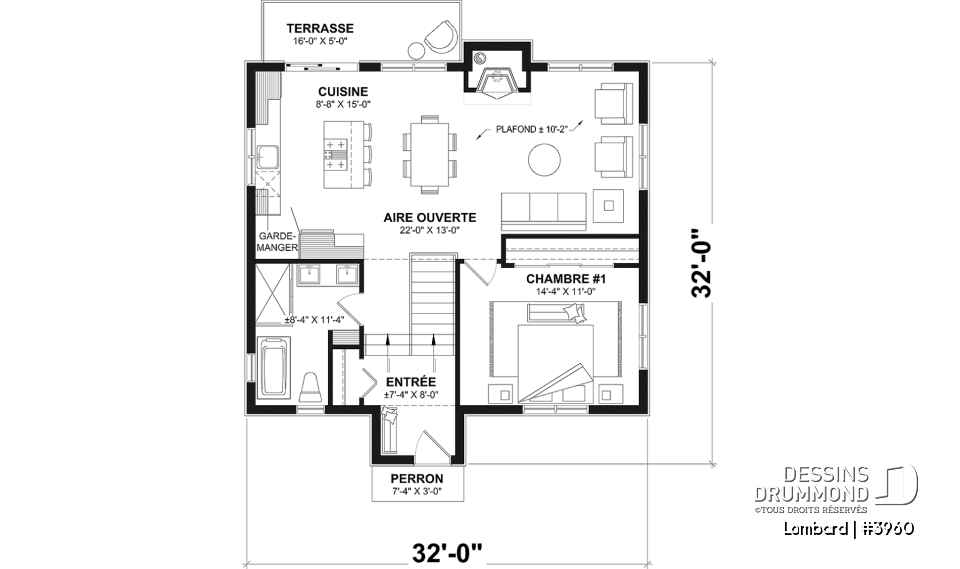 Rez-de-chaussée - Plan de chalet moderne rustique – plan lumineux avec foyer central, 3 chambres et sous-sol modulable - Lombard