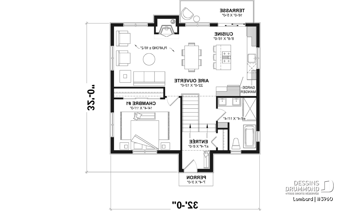 Rez-de-chaussée - Plan de chalet moderne rustique – plan lumineux avec foyer central, 3 chambres et sous-sol modulable - Lombard