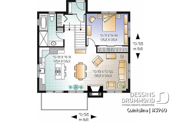 Rez-de-chaussée - Plan de chalet moderne, 3 à 4 chambres, 2 salons, 2 foyers, à aire ouverte, grande buanderie et rangement - Quintaline