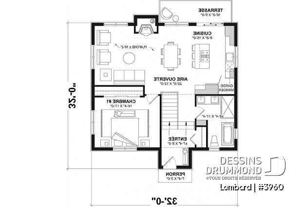 Rez-de-chaussée - Plan de chalet moderne, 3 à 4 chambres, 2 salons, 2 foyers, à aire ouverte, grande buanderie et rangement - Lombard