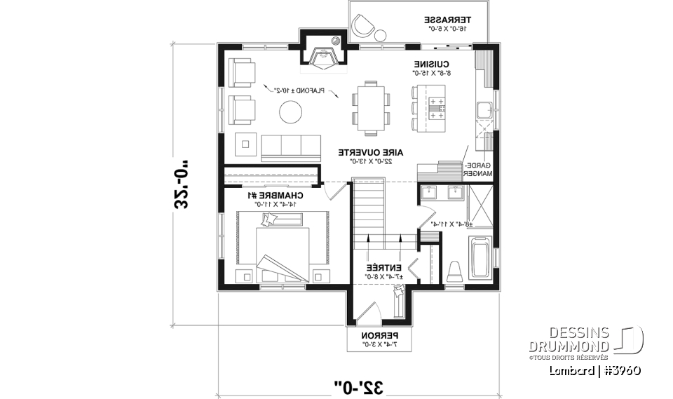 Rez-de-chaussée - Plan de chalet moderne rustique – plan lumineux avec foyer central, 3 chambres et sous-sol modulable - Lombard