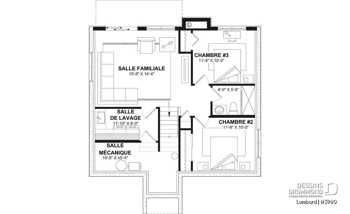 Sous-sol - Plan de chalet moderne rustique – plan lumineux avec foyer central, 3 chambres et sous-sol modulable - Lombard