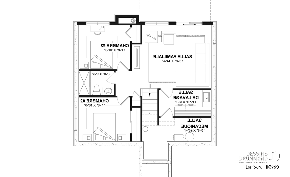 Sous-sol - Plan de chalet moderne rustique – plan lumineux avec foyer central, 3 chambres et sous-sol modulable - Lombard