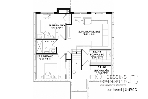 Sous-sol - Plan de chalet moderne, 3 à 4 chambres, 2 salons, 2 foyers, à aire ouverte, grande buanderie et rangement - Lombard