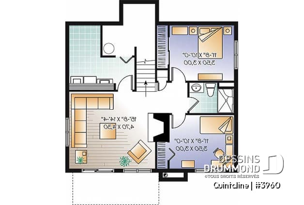 Sous-sol - Plan de chalet moderne, 3 à 4 chambres, 2 salons, 2 foyers, à aire ouverte, grande buanderie et rangement - Quintaline