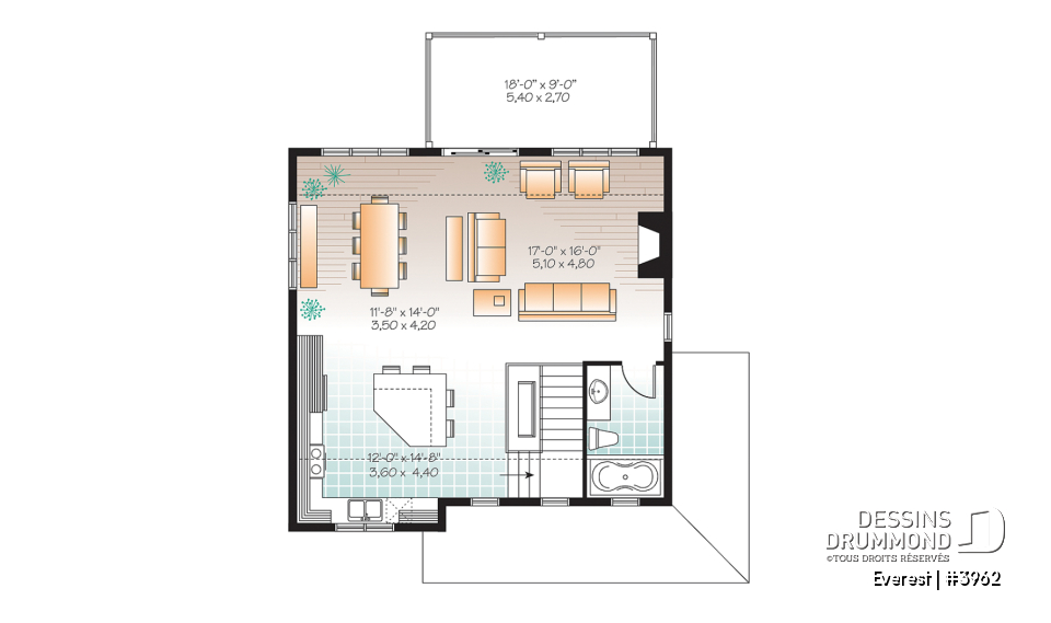 Étage - Maison genre chalet de ski, plancher inversé, aire ouverte à l'étage, foyer pour cuisine et salon, 3 chambres - Everest