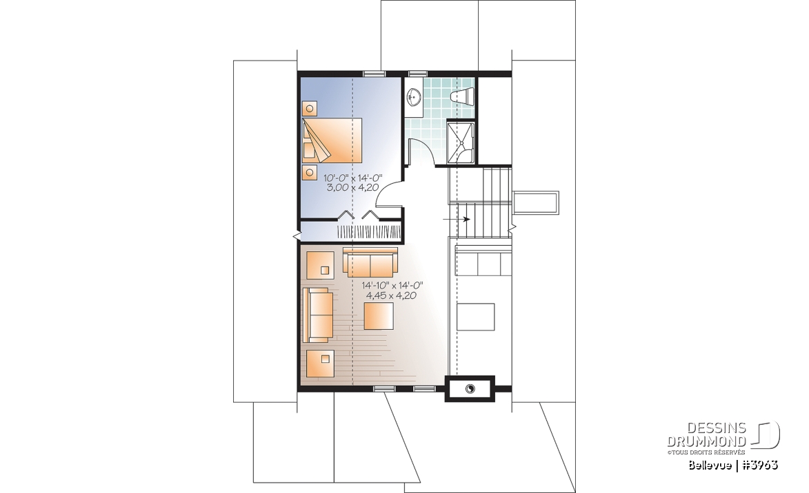 Étage - Plan de maison champêtre 2 à 3 chambres, superbe terrasse abritée, foyer, mezzanine, garde-manger - Bellevue