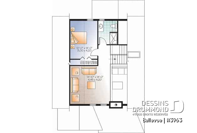 Étage - Plan de maison champêtre 2 à 3 chambres, superbe terrasse abritée, foyer, mezzanine, garde-manger - Bellevue