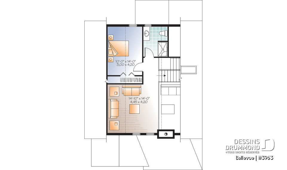 Étage - Plan de maison champêtre 2 à 3 chambres, superbe terrasse abritée, foyer, mezzanine, garde-manger - Bellevue