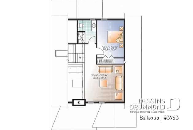 Étage - Plan de maison champêtre 2 à 3 chambres, superbe terrasse abritée, foyer, mezzanine, garde-manger - Bellevue