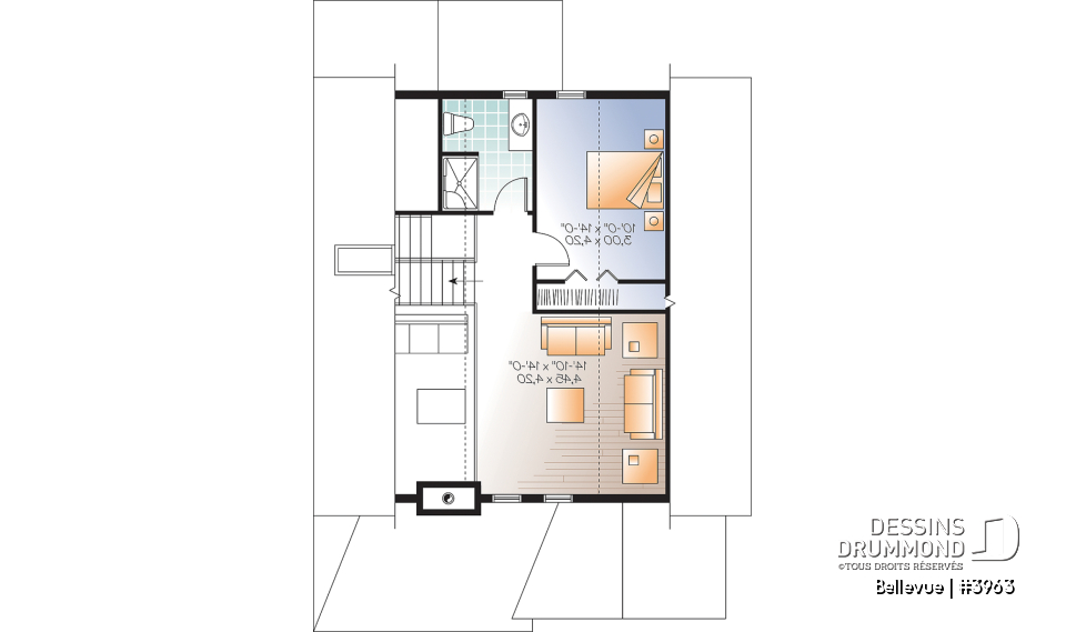 Étage - Plan de maison champêtre 2 à 3 chambres, superbe terrasse abritée, foyer, mezzanine, garde-manger - Bellevue