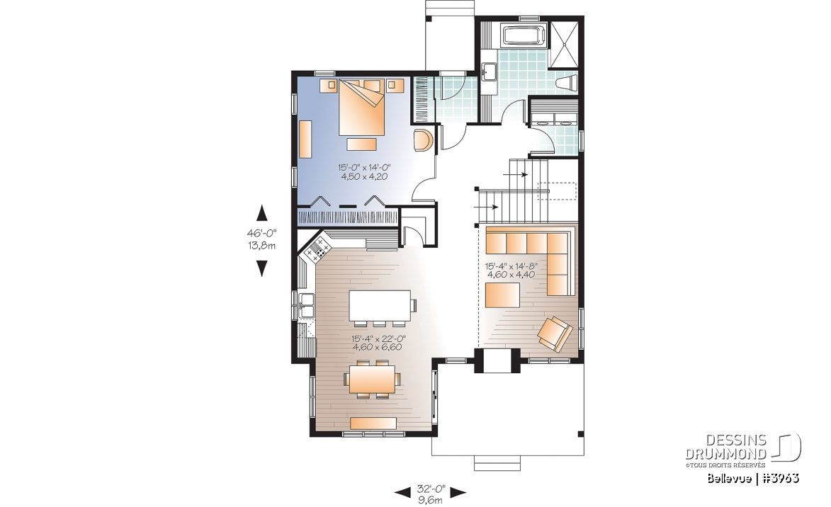 Rez-de-chaussée - Plan de maison champêtre 2 à 3 chambres, superbe terrasse abritée, foyer, mezzanine, garde-manger - Bellevue