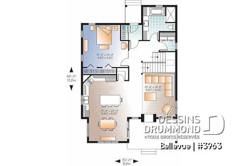 Rez-de-chaussée - Plan de maison champêtre 2 à 3 chambres, superbe terrasse abritée, foyer, mezzanine, garde-manger - Bellevue