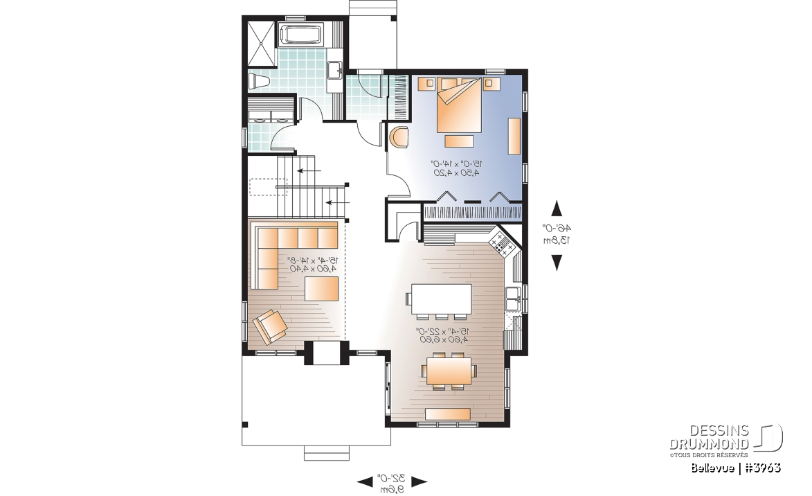 Rez-de-chaussée - Plan de maison champêtre 2 à 3 chambres, superbe terrasse abritée, foyer, mezzanine, garde-manger - Bellevue