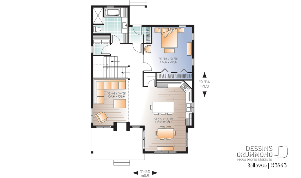 Rez-de-chaussée - Plan de maison champêtre 2 à 3 chambres, superbe terrasse abritée, foyer, mezzanine, garde-manger - Bellevue