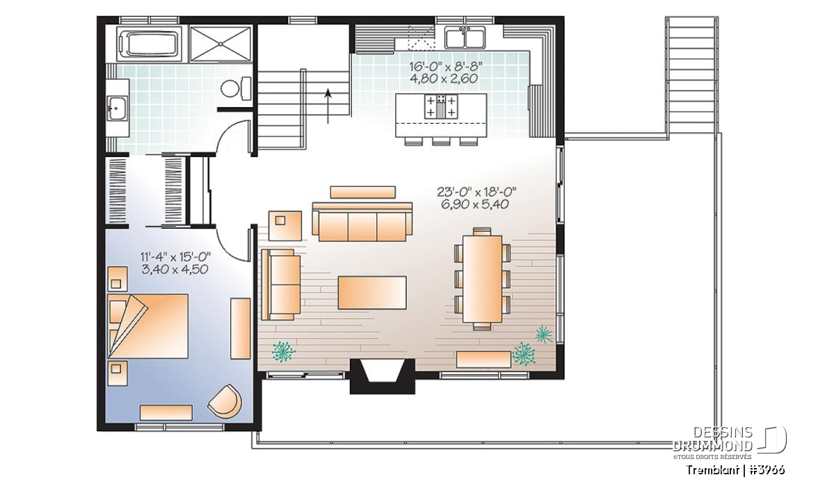 Étage - Plan de maison genre chalet nordique, grand balcon, 2 salons, 3 à 4 chambres, cuisine et séjour à l'étage - Tremblant