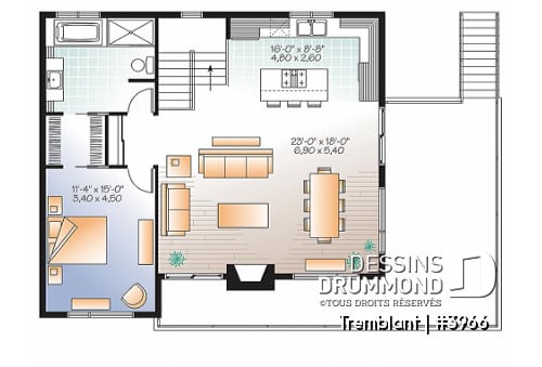Étage - Plan de maison genre chalet nordique, grand balcon, 2 salons, 3 à 4 chambres, cuisine et séjour à l'étage - Tremblant