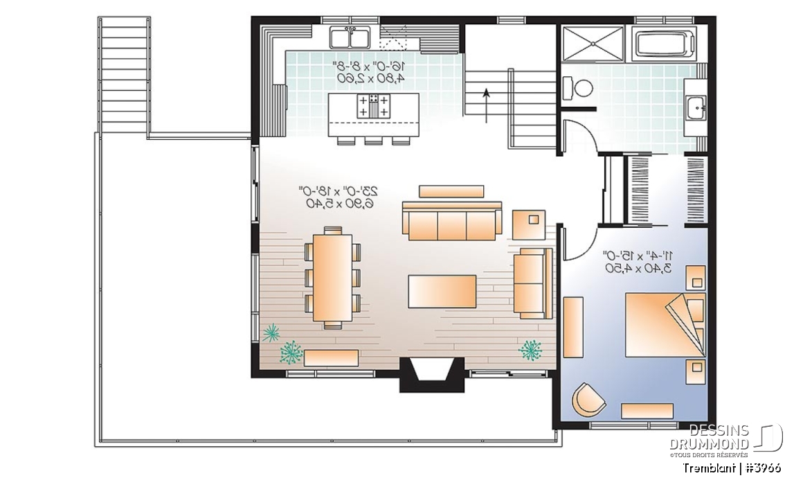 Étage - Plan de maison genre chalet nordique, grand balcon, 2 salons, 3 à 4 chambres, cuisine et séjour à l'étage - Tremblant