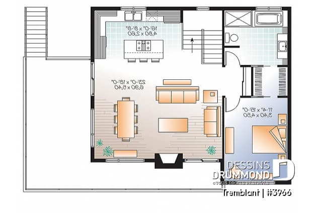 Étage - Plan de maison genre chalet nordique, grand balcon, 2 salons, 3 à 4 chambres, cuisine et séjour à l'étage - Tremblant