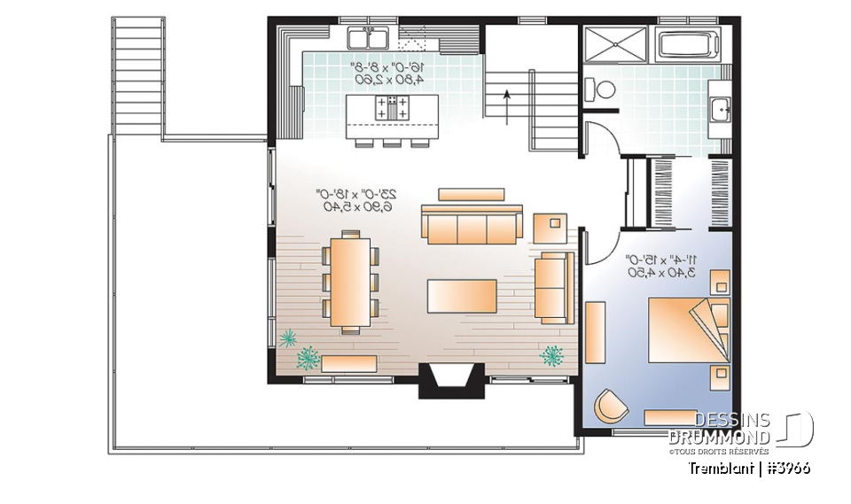 Étage - Plan de maison genre chalet nordique, grand balcon, 2 salons, 3 à 4 chambres, cuisine et séjour à l'étage - Tremblant