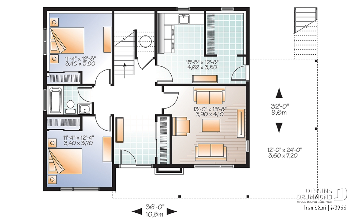 Rez-de-chaussée - Plan de maison genre chalet nordique, grand balcon, 2 salons, 3 à 4 chambres, cuisine et séjour à l'étage - Tremblant