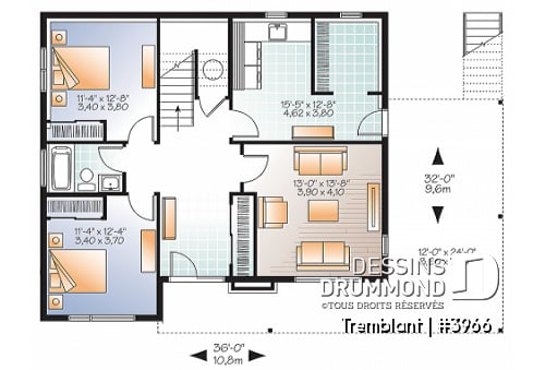 Rez-de-chaussée - Plan de maison genre chalet nordique, grand balcon, 2 salons, 3 à 4 chambres, cuisine et séjour à l'étage - Tremblant