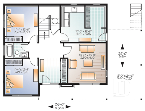 Rez-de-chaussée - Plan de maison genre chalet nordique, grand balcon, 2 salons, 3 à 4 chambres, cuisine et séjour à l'étage - Tremblant