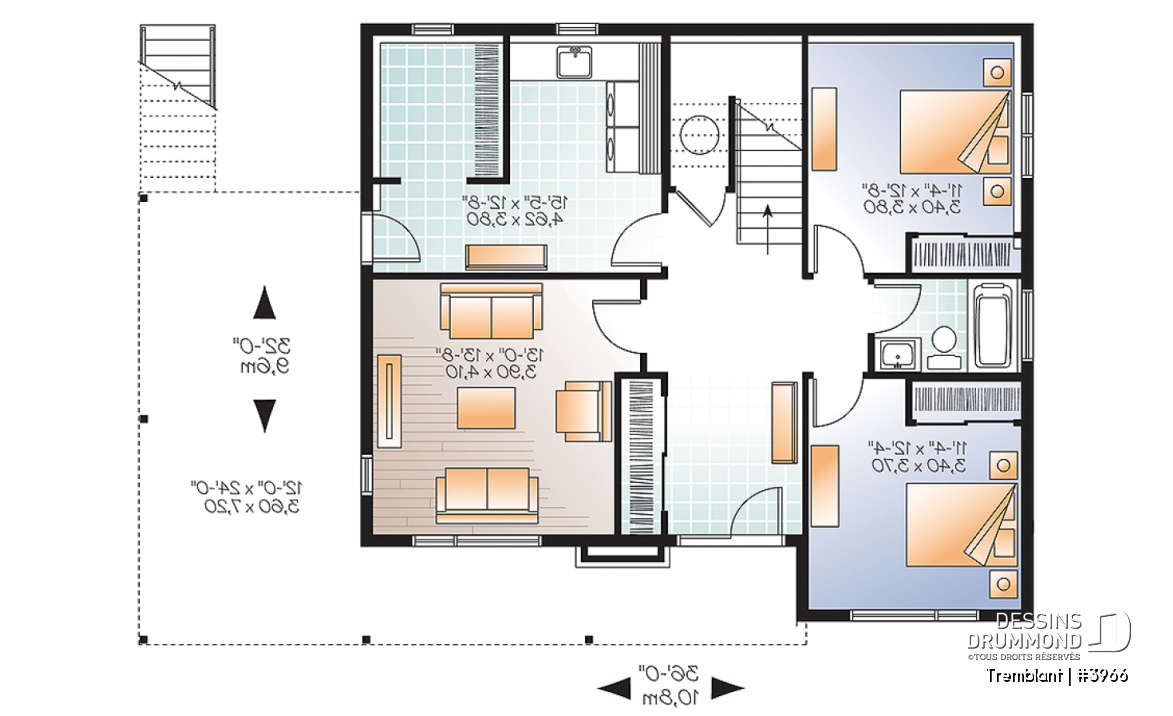 Rez-de-chaussée - Plan de maison genre chalet nordique, grand balcon, 2 salons, 3 à 4 chambres, cuisine et séjour à l'étage - Tremblant